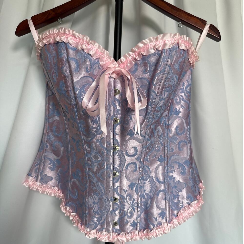 Overbust Corset Blue & Pink Iridescent Brocade Ren Faire Cosplay Size Large - Picture 4 of 7